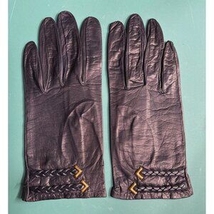 VTG Womens Dk Blue Kid Leather Unlined Gloves‎ Woven Cuff Metal Gold Accents
